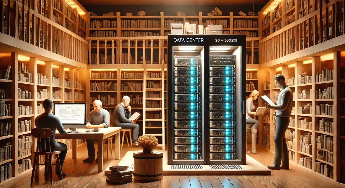 DALL·E 2024-10-27 07.55.47 - A small data center located in the corner of a cozy library, with a few racks of servers with blinking lights. A few people are in the scene_ one pers