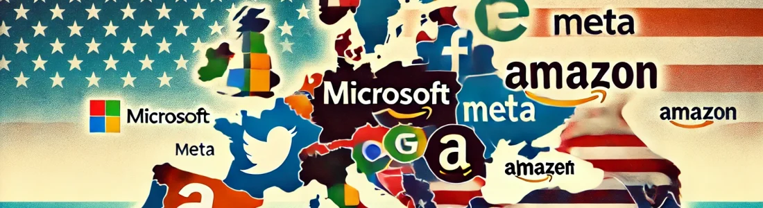 DALL·E 2024-11-06 08.56.21 - A graphic showing the logos of Microsoft, Apple, X (Twitter), Meta, Alphabet (Google), and Amazon covering the European continent, with the background