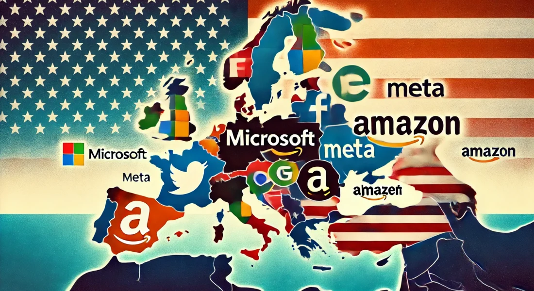 DALL·E 2024-11-06 08.56.21 - A graphic showing the logos of Microsoft, Apple, X (Twitter), Meta, Alphabet (Google), and Amazon covering the European continent, with the background